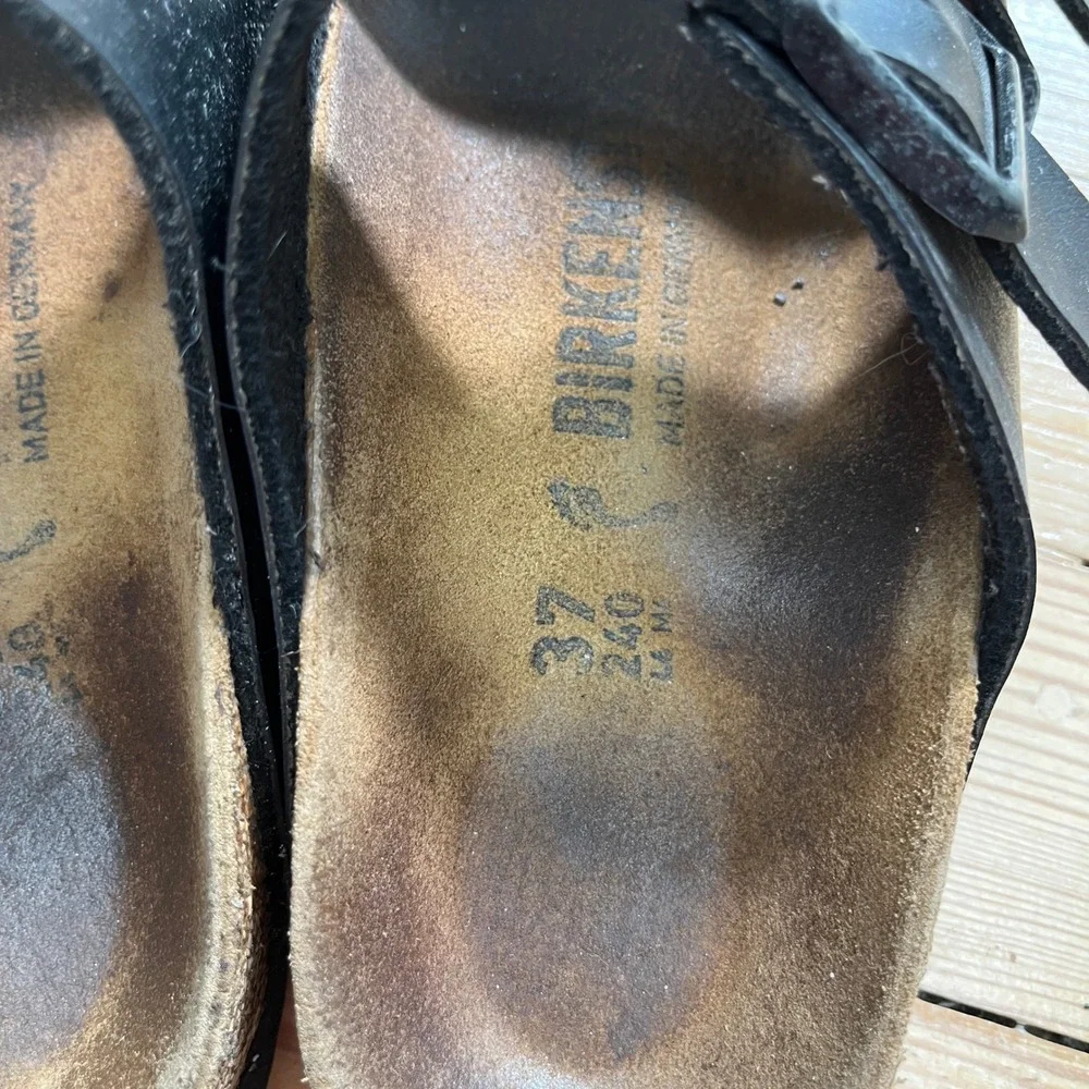 Birkenstock Arizona Black Leather Two Strap Sandals Slides boho 37 L6 neutral - Picture 9 of 9